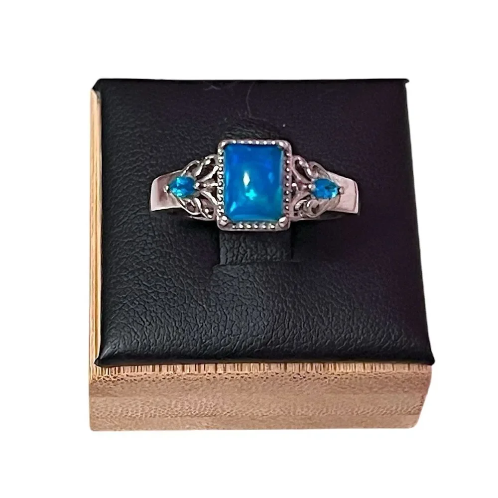 Vintage Opal Blue Topaz Sterling Silver Ring Size 8